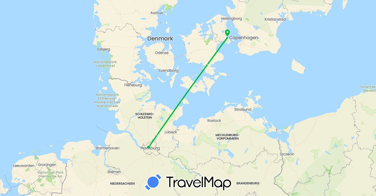 TravelMap itinerary: driving, bus in Germany, Denmark (Europe)